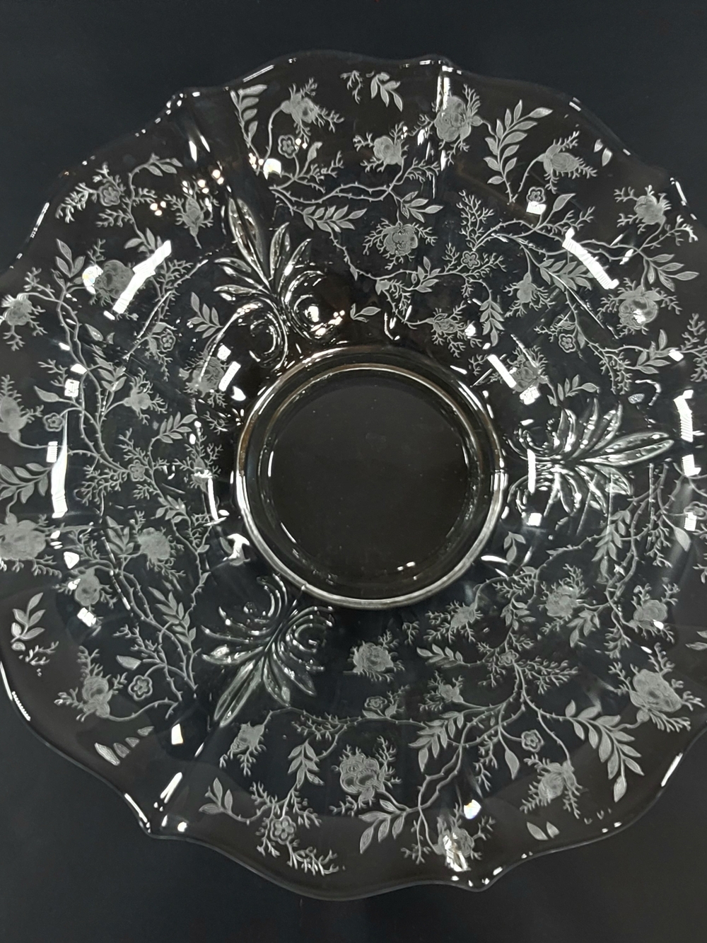 VINTAGE 11.5" FOSTORIA  CHINTZ ETCHED FLARED BAROQUE BOWL